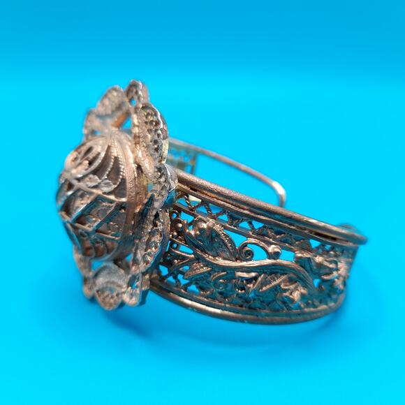 Vintage Gold Tone Filigree Openwork Cuff Bracelet, Egyptian Revival, 6 1/2 Inch - Picture 4 of 13